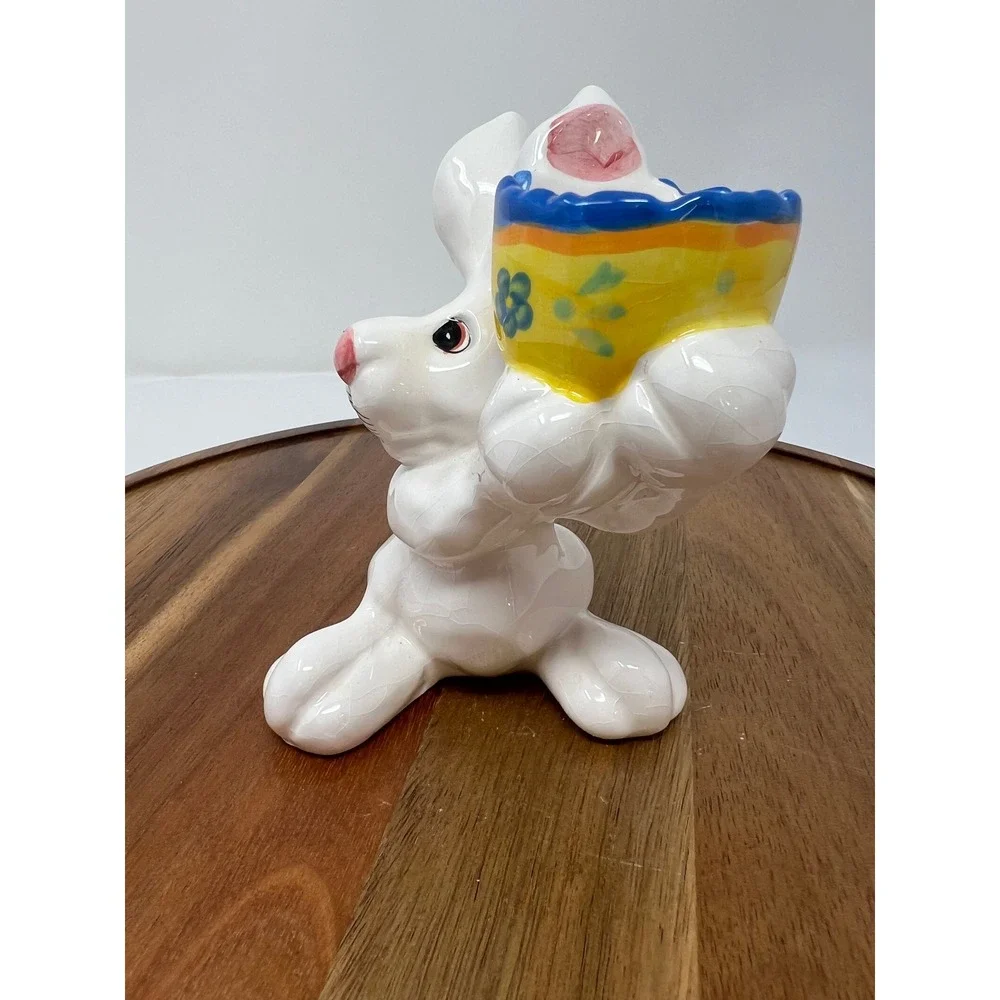 K's Collection White Bunny Rabbit Egg‎ Cup Holder Yellow Blue Floral Design